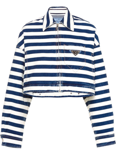 Prada Striped Cropped Denim Jacket In F0008 Bleu
