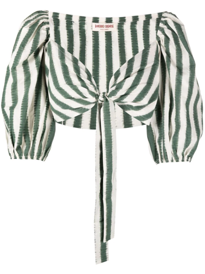 Emporio Sirenuse Thaia Ikat Cropped Tie-front Striped Cotton Top In Green
