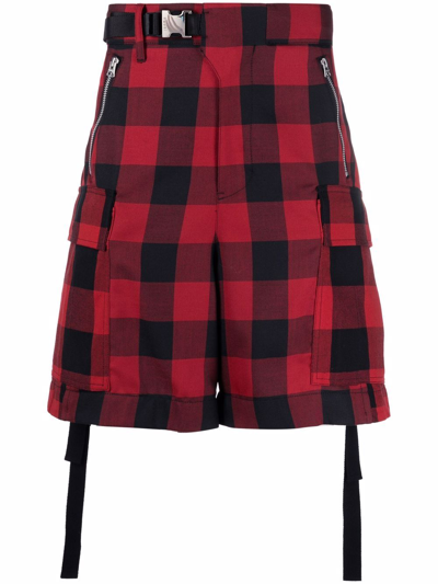 Sacai Check-print Belted Cargo Shorts In Red