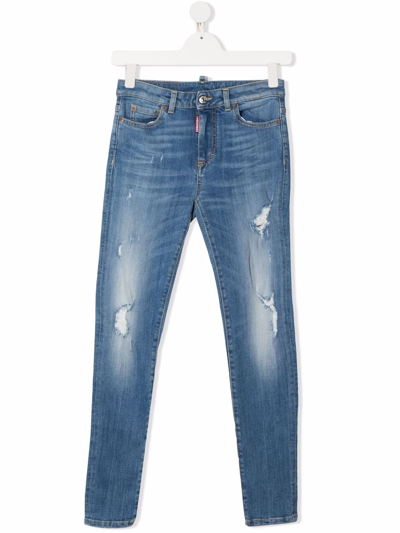 Dsquared2 Teen Distressed Slim-cut Jeans In Blue