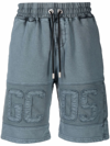 Gcds Man Black Garment Dyed Sports Shorts With Logo In Blue