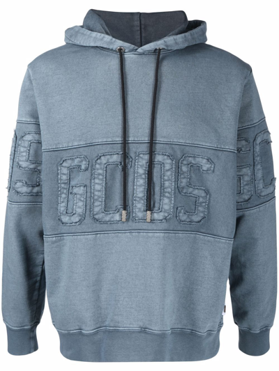 Gcds Man Garment-dyed Black Hoodie With Logo In Grey