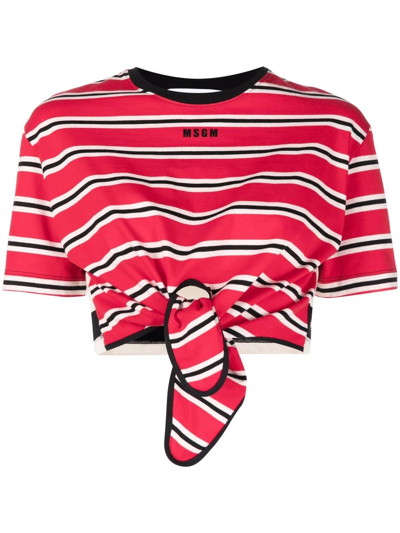 Msgm Striped Tie-waist T-shirt In Red