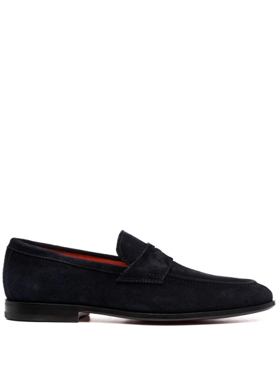 Santoni Almond Toe Suede Loafers In Blue