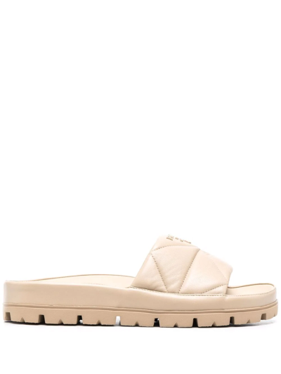 Prada Fussbet Quilted Leather Pool Sandals In Desert
