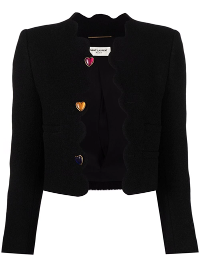 Saint Laurent Heart Button Crop Bouclé Tweed Jacket In Noir