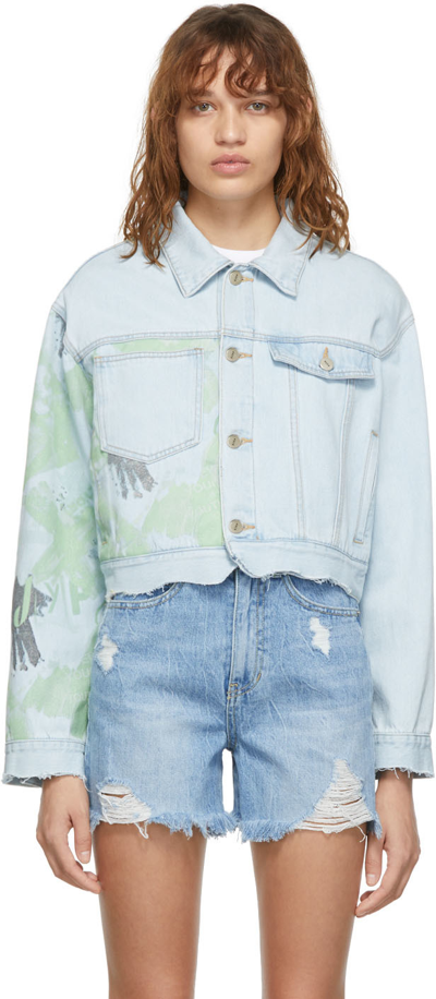 Sjyp Blue Printed Denim Jacket In Light Blue