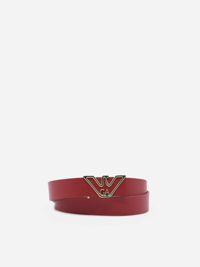 Emporio Armani Hammered Leather Belt With Logoed Buckle In Red