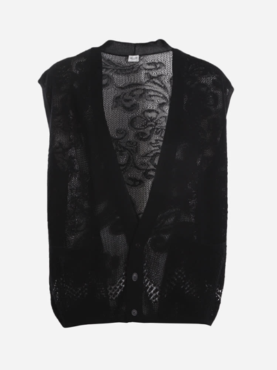 Saint Laurent Wool Blend Vest With All-over Floral Embroidery In Black