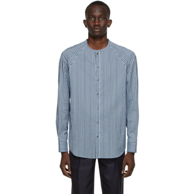 Giorgio Armani Collarless Striped Cotton And Silk-blend Shirt In Blue
