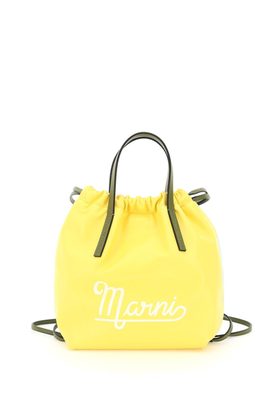 Marni Leather And Econyl Small Backpack In Yellow,light Blue,khaki