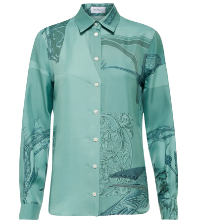 Ferragamo Graphic-print Silk Shirt In Tyrone Turquoise