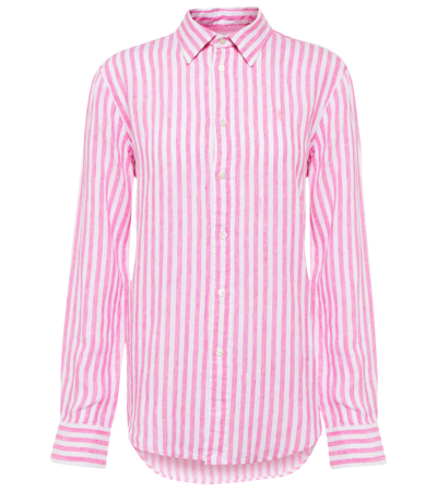 Polo Ralph Lauren Logo Striped Linen Shirt In Pink