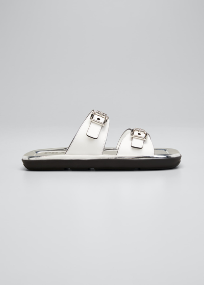 Prada Natural 20mm Double Buckle Slide Sandal With Metallic Soles In Naturale 1