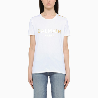 Balmain White T-shirt With Logo Print And Buttons