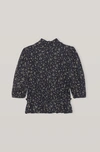 Ganni Ruffle-trimmed Floral-print Crepe Blouse In Black