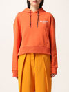 Balmain Flocked Logo Cotton Crop Hoodie In Orange