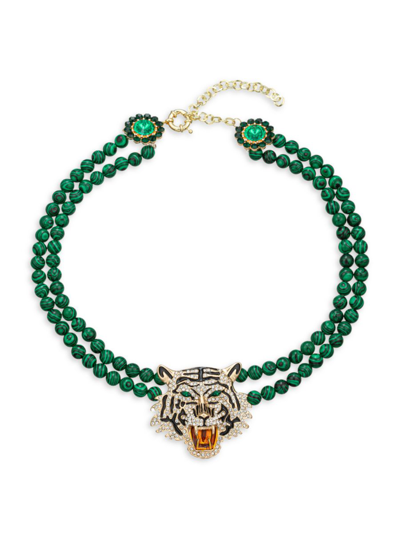 Eye Candy La Women's Luxe Green Tiger's Eye, Brass, Agate & Cubic Zirconia Statement Necklace