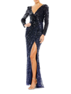 Mac Duggal Sequined Faux Wrap Long Sleeve Gown In Midnight