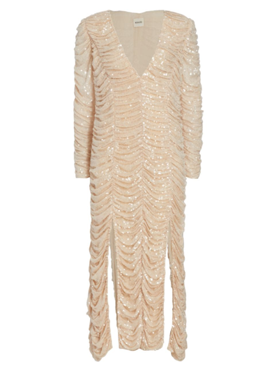 Khaite Lana Ruched Sequin Midi-dress In Beige