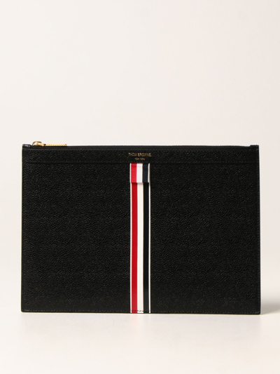 Thom Browne Medium Stripes Pebbled Leather Pouch In Black