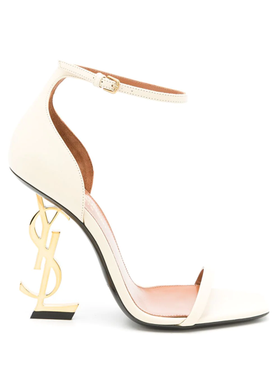 Saint Laurent Squared Toe Leather Ankle Strap Sandals In Real Beige