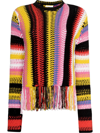 Chloé Fringed Bottom Crochet Sweater With Multicolor Motif In Pink