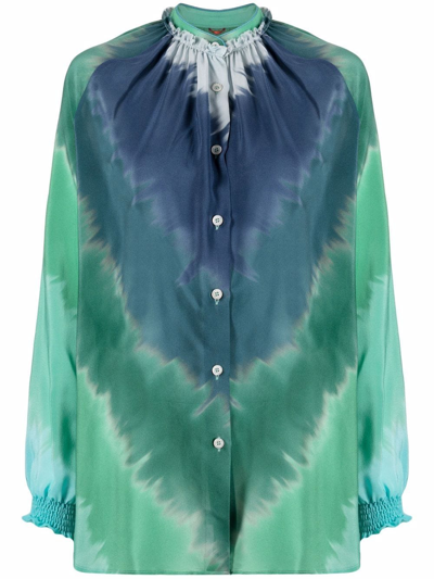 F.r.s For Restless Sleepers Tie-dye Print Ruffled-collar Silk Blouse In Blue