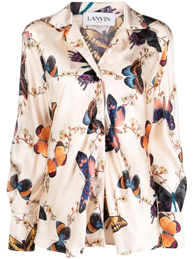 Lanvin Butterfly-print Silk Blouse In Beige
