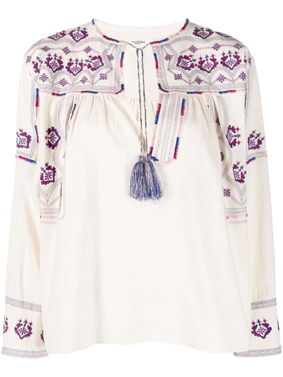 Isabel Marant Étoile Treya Tasseled Embroidered Cotton-jacquard Blouse In Nocolor