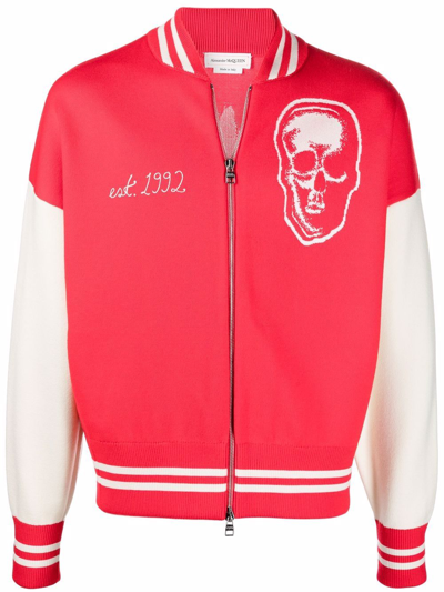 Alexander Mcqueen Back Graffiti Skull Jacquard Knitted Varsity Bomber Jacket In Red