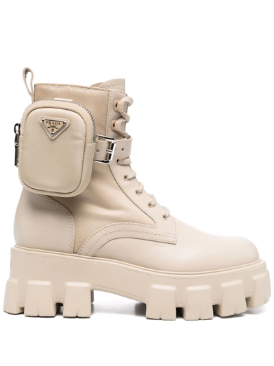 Prada Cream Brushed Leather And Nylon Monolith Boots In Beige