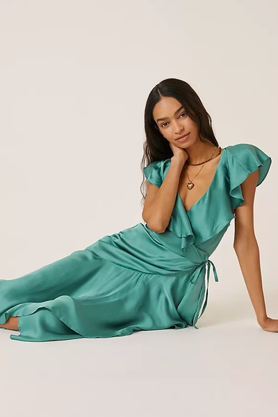 Anthropologie Ruffle-sleeve Printed-wrap Maxi Dress In Green
