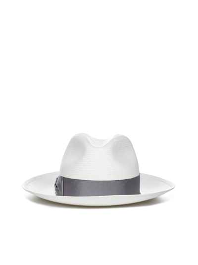 Borsalino Wide Brim Straw Panama Hat In White,grey