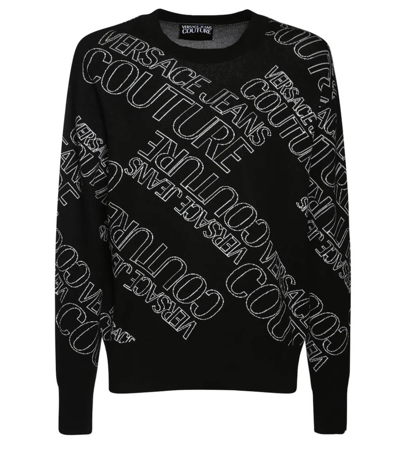 Versace Jeans Couture All Over Logo Cotton Knit Sweater In Black