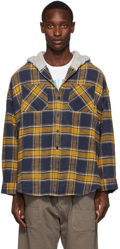 R13 Blue & Yellow Flannel Hooded Shirt In Yellow/navy Plaid W/