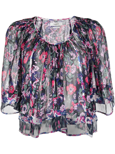 Isabel Marant Étoile Roxini Floral-print Cropped Blouse In Faded Night