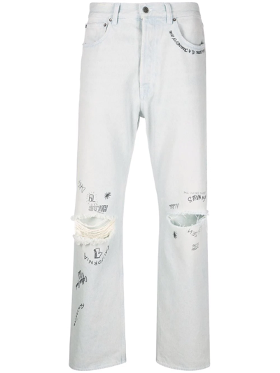 Golden Goose Distressed-effect Text-print Straight-leg Jeans In Blue