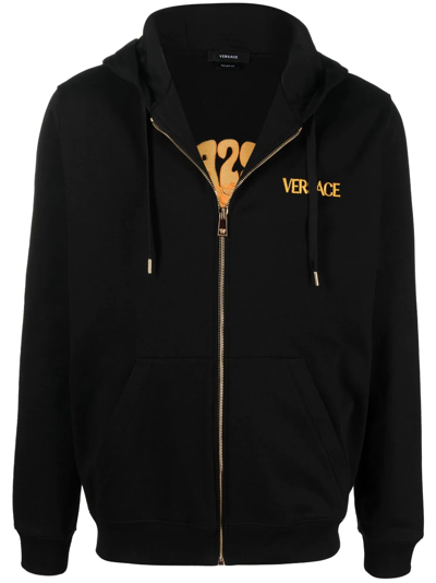 Versace Logo刺绣拉链连帽衫 In Black,gold