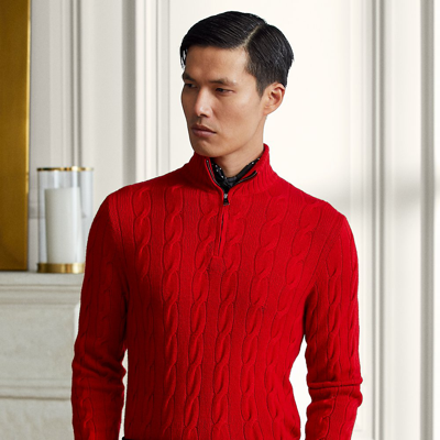 Ralph Lauren Purple Label Cable-knit Cashmere Quarter-zip Sweater In Classic Red