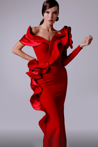 Fouad Sarkis Ruffled- Structure Red Gown
