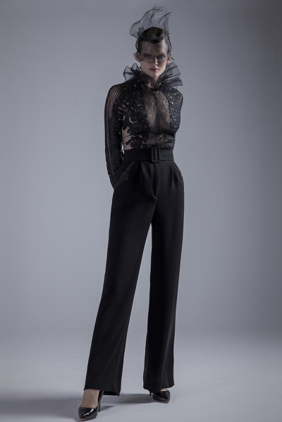 Gatti Nolli By Marwan Sheer Black Top With Belted Pants