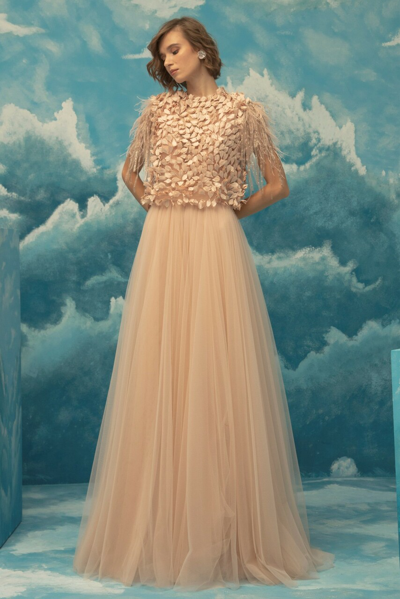 Gemy Maalouf Blush Gown With Embellished Overlay