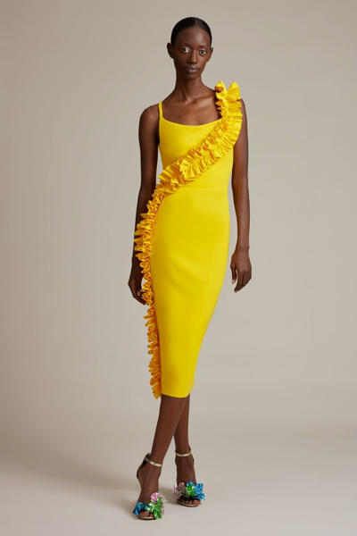 Greta Constantine Ruffle-appliqué Scoop-neck Stretch-woven Midi Dress In Marigold