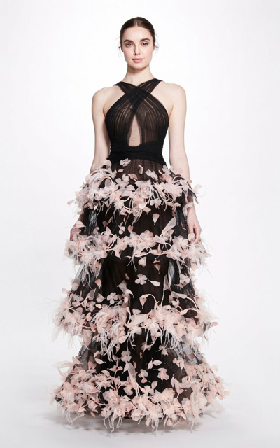 Marchesa Tiered Feather-trimmed Tulle Gown In Black