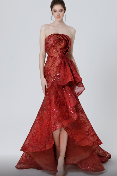 Mnm Couture Strapless Structured Red Gown