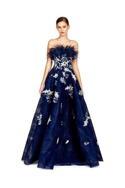 O'blanc Floral Strapless A-line Gown