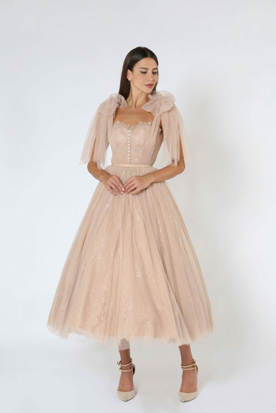 Zeena Zaki Beige Tulle Midi Dress In Pink