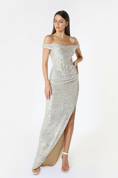 Zeena Zaki Silver Sequin Gown