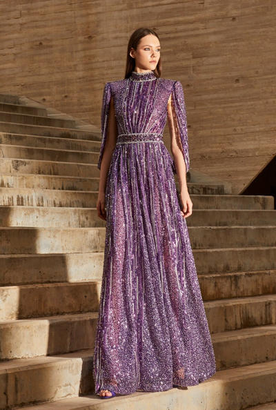 Tony Ward Purple Cape Sleeve Gown